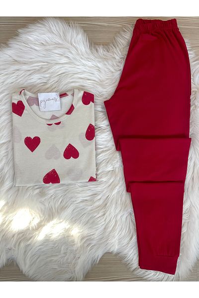 Pijamacs Ecru Red Heart Patterned Cotton Short Sleeve Knitted Pajamas Set
