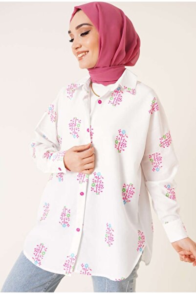 MODA Λευκό υφαντό πουκάμισο με φλοράλ σχέδια