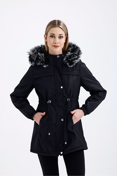 Sense Plush Finish Hooded Snap Coat - Lace-Up and Elastic Pockets, Black-Beige