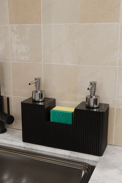 DOVİHOME 500ML Διπλός Θάλαμος Μαύρος Διανομέας Υγρού Σαπουνιού Μεταλλική Οθόνη Αντλίας Απορρυπαντικού και Σφουγγαριού