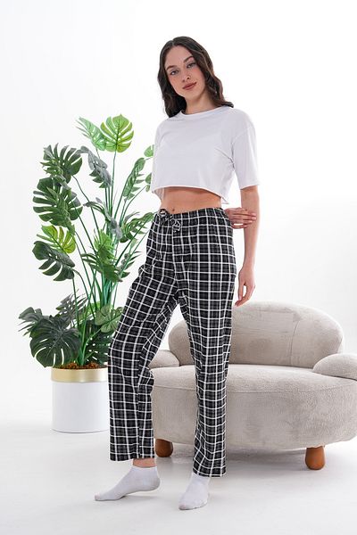 Arvin Pijama Partea de jos de pijama relaxată unisex din bumbac imprimat în carouri negre