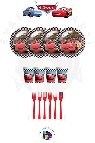 Evabrite Cars Cars Birthday Set de 8 farfurii, cești, furculițe, material pentru petrecerea de aniversare