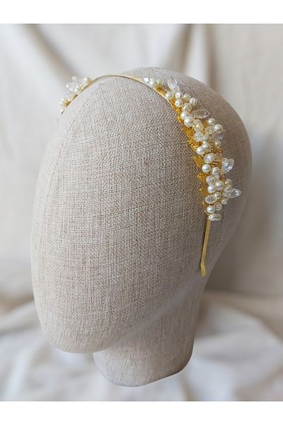 Eva Flore Stylish Gold Leaf Pearl Beaded Bridal Crown - Headband - Maternity Crown - Engagement Crown