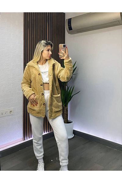 hazelin Women's Dark Beige Oversize Plush Jacket - Double Pocket, Button, Unlined Hzl25W-Dsb 110991