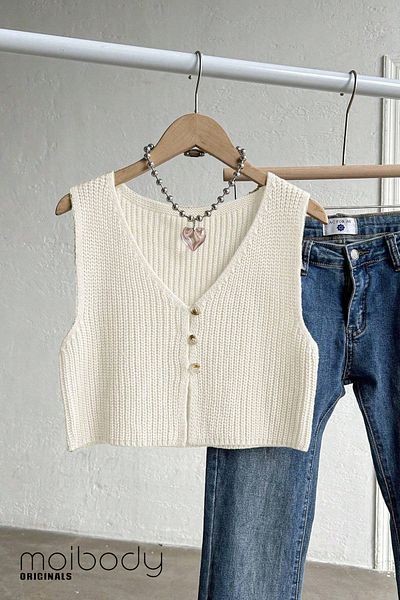 Moibody 4 Seasons Versatile Solid Color V-Neck Sleeveless Knitwear Top Cardigan