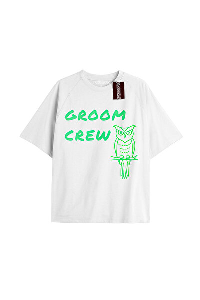 TIMESWASTINGIRL GROOM CREW تي شيرت مكتوب كبير الحجم للجنسين باللون الأبيض