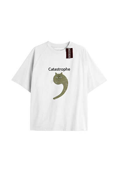 TIMESWASTINGIRL CATASTROPHE Tricou alb unisex supradimensionat cu imprimeu text