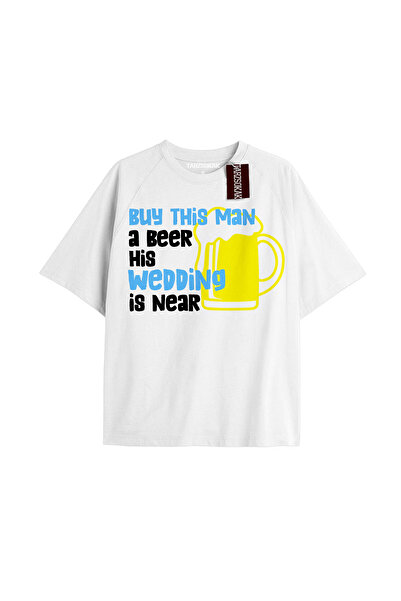 TIMESWASTINGIRL Tricou alb oversize unisex BUYT HIS BEER