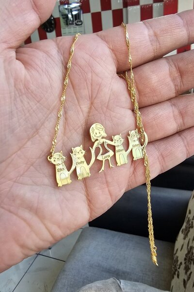 ÖZGÜR TAKI 925 Ayar Gümüş 24 Ayar Altın Kaplama Kedi ve İnsan Figürlü Kolye