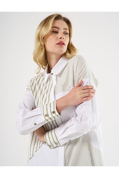 Kayra Khaki Poplin Tunic - Stripe Pattern