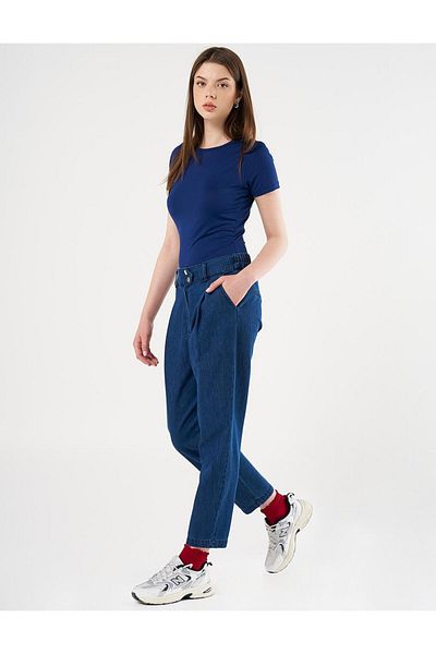 Kayra Navy Blue Denim Trousers - Pleated and Carrot Cut