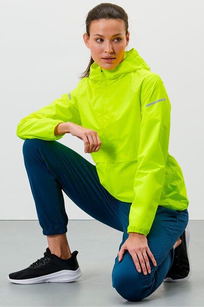 Tchibo سترة رياضية نسائية بغطاء رأس للجري، باللون الأخضر الليموني