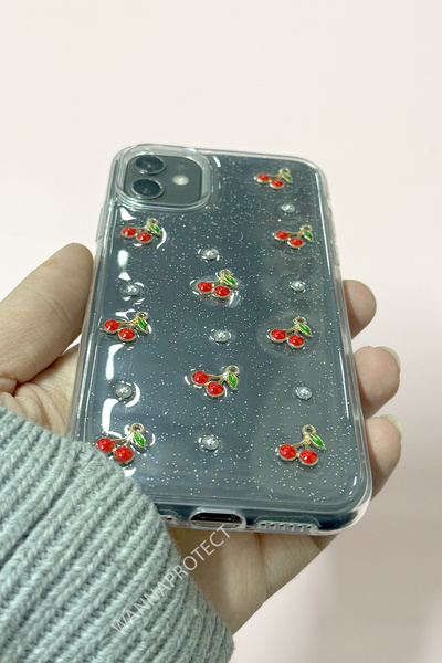 WANNA PROTECT iPhone 11 Compatible Cherry Pattern Transparent Cover Glitter Anti-Shock Phone Case