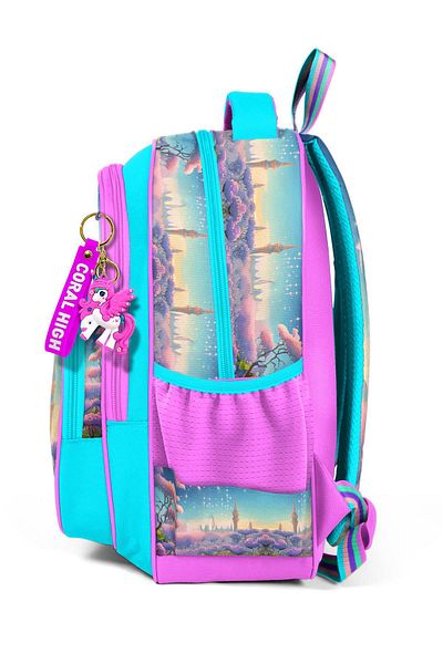 Coral High Kids Turquoise Pink Anime Girl Patterned Three Compartment School Backpack 14420