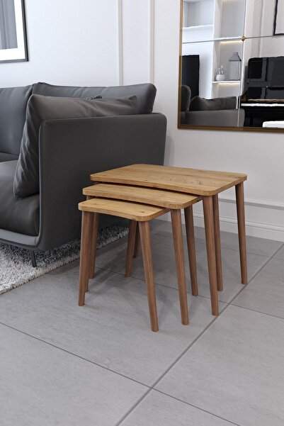 Zuesse Dizayn Zigon Sehpa & Yan Sehpa 3'lü Ahşap Ayaklı Salon Seti Sehpa - Çam