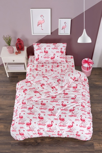 Valezium Flamingo Single Patterned Duvet Cover Set with Elastic Sheet and 1 Pillowcase