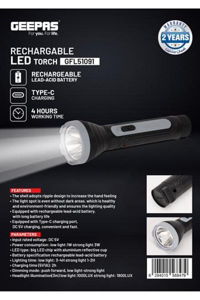 Geepas Rechargeable LED Torch- Sturdy Housing with Big LED Chip with Aluminum Reflective Cup
