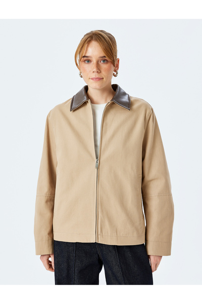 Koton Pamuklu Gabardin Kumaş Suni Deri Yaka Uzun Kollu Fermuarlı Ceket