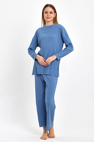 cankids Dámská indigová dámská žebrovaná souprava a tepláková souprava, sada pyžama pro běžné nošení na doma