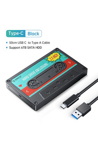 Orico علبة محرك أقراص صلبة خارجية من النوع C باللون الأسود مقاس 2.5 بوصة من Sata إلى USB3.0 بسرعة 5 جيجابت في الثانية / 6 جيجابت في الثانية من النوع C