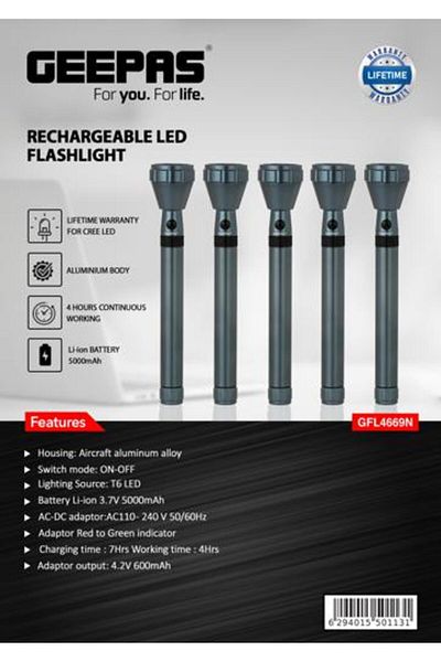 Geepas Rechargeable LED Flashlight-  Light Source: T6 LED, High Grade Aircraft Aluminum Alloy Housing