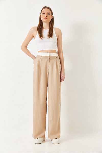 Bianco Lucci Women's Contrast Waist Detailed Striped Woven Trousers 60241010