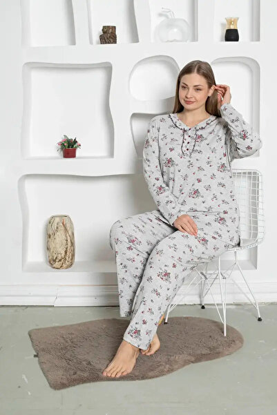 bie's Gray Floral Print Large Size Women's Long Sleeve Materni Pajamas Set - 100% Cotton Combed Cotton Seasonal