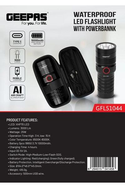 Geepas Waterproof LED Flashlight with Power Bank- Aluminum Housing with 25W High Power LED