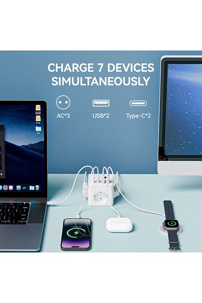 Choice 110-250v Eu 3 Tabletop Socket White 1 7-in-1 Eu Power Strip, Power Strip Surge Protector, 1.5m Exten