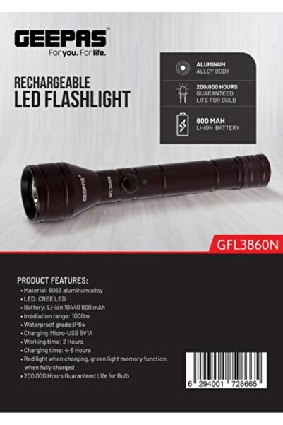 Geepas مصباح يدوي LED قابل لإعادة الشحن - مصدر الضوء: CREE LED، هيكل من سبائك...