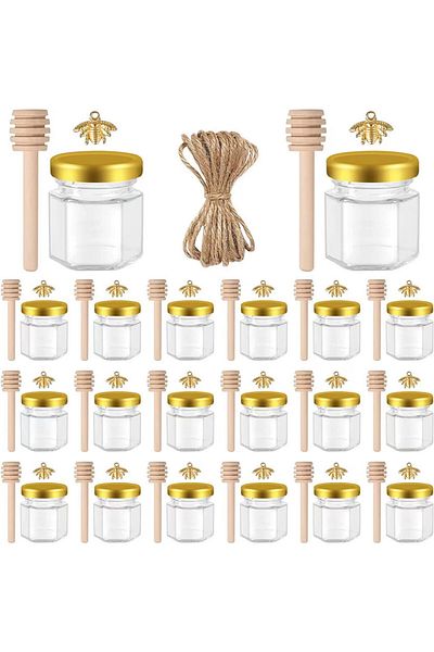 Choice 20 Packs 1.5 Oz Hexagon Mini Glass Honey Jars With Wood Dipper, Bee Pendants And Jutes, For Baby Sho