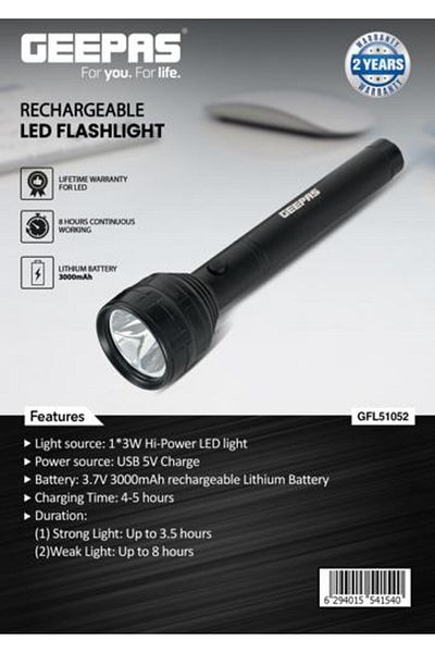 Geepas Rechargeable LED Flashlight, USB Rechargeable| 8hrs Working Torch | Lithium Battery