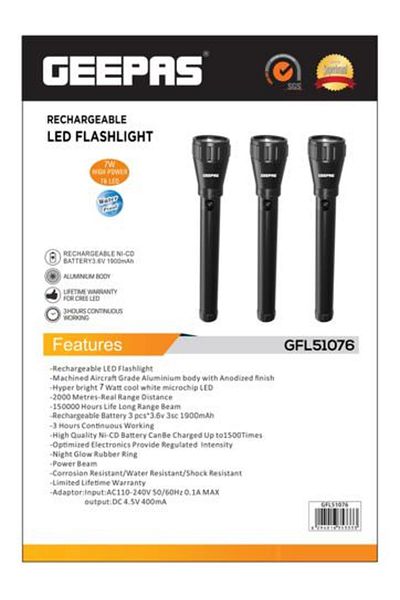 Geepas Rechargeable LED Flashlight,  Hyper Bright Light with 2000 Meters Range Portable Design