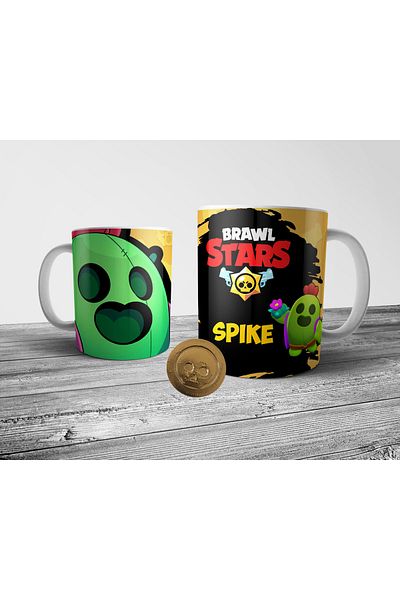 Pixxa Brawl Stars Spike Mug Cup - Set of 6 and Gold Coin Figures