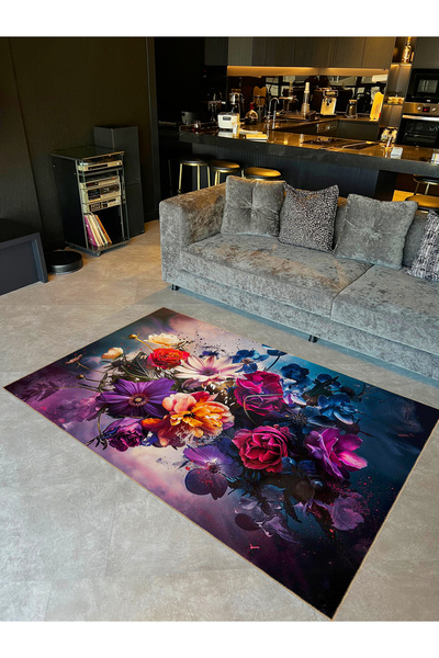 Rugs Modern Halı Buse Koleksiyonu Mor Temalı Çok Renkli Çiçekler Desenli Doku...