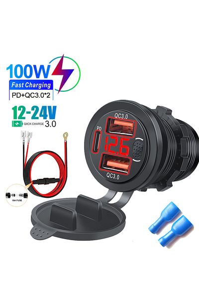 Choice Red With Wire 12/24v Three Port Usb Charger Socket Usb-c Pd & Dual Qc 3.0 For Car Motorcycle With Vo