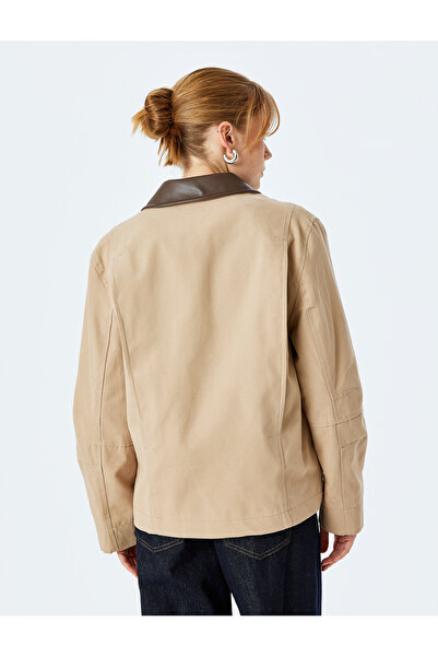 Koton Pamuklu Gabardin Kumaş Suni Deri Yaka Uzun Kollu Fermuarlı Ceket