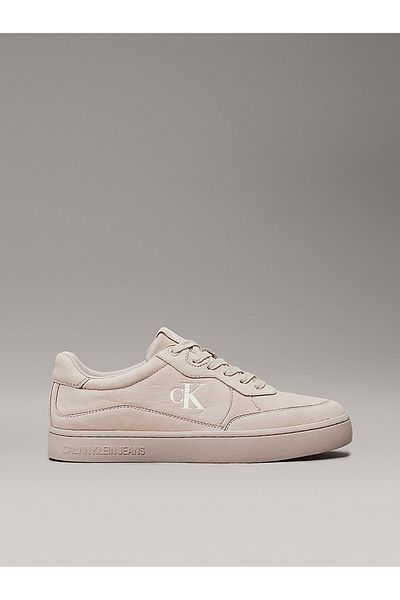Calvin Klein Men's White Ck Logo Beige Leather Sneakers