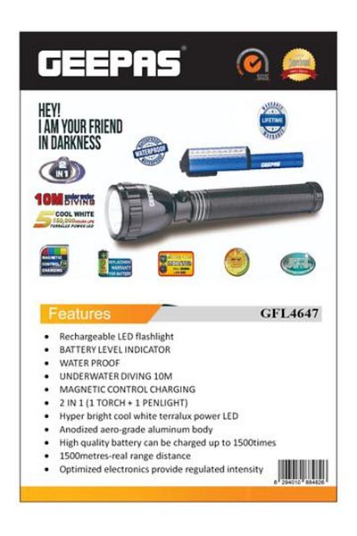 Geepas 2-in-1 Rechargeable Flashlight 236mm - Rechargeable Battery up to 1500 Times with Waterproof Body