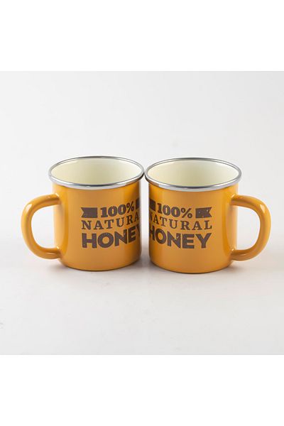 Savaşan Emaye Enamel Honey Yellow Mug, Camping Tea-Coffee Cup, Chrome Detailed Mug