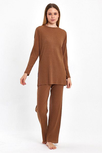cankids Chestnut Women's Pajamas Set - Ribbed Report Tracksuit and Casual Home Wear
