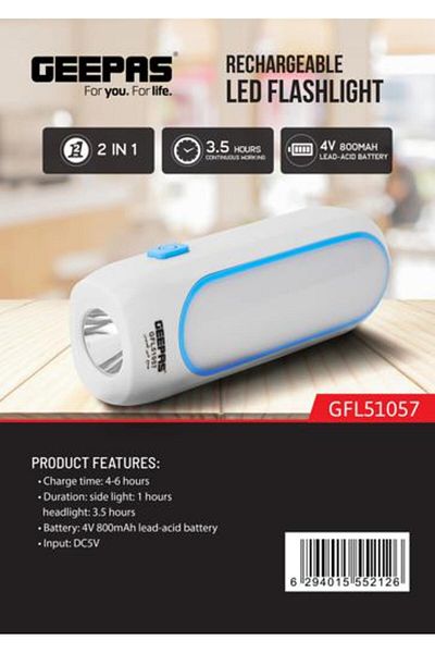 Geepas Rechargeable LED Flashlight- Perfect for Indoor and Outdoor Use, 3.5 Hours Continuous Working