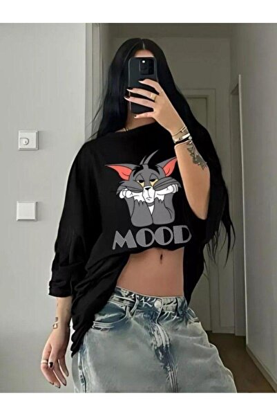 NO 601 Дамска черна тениска с щампи Tom Mood и тенденция унисекс