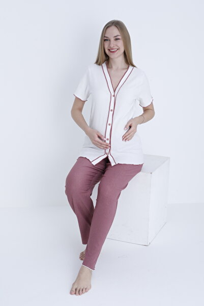 Miss Dünya Lissa Front Button V Neck Stripe Detailed Adjustable Waist Elastic Woven Pajamas Set