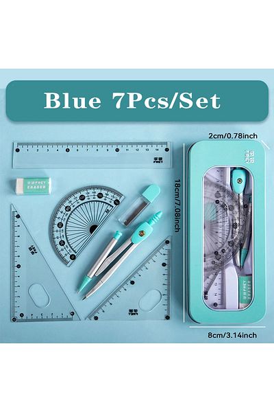 Choice Sky Blue 7 Pcs Compass And Ruler Sets Triangle Ruler Protractor Rubber Student Exam Specific Ruler B