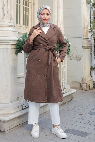 Bestenur Feral Stamp Coat 1306 - Καφέ Ζώνη