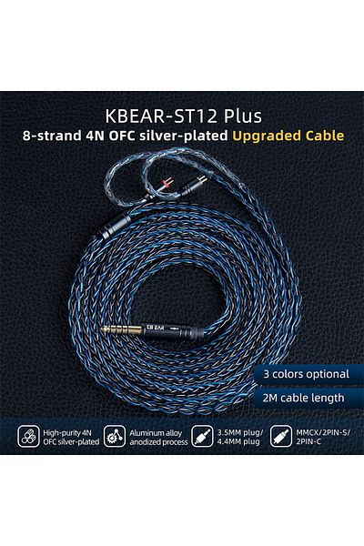 Choice 2PIN 3.5 Black Blue KBEAR ST12 Plus 2m 8 Core Silver-Plated Upgraded IEM Cable With 3.5/4.4mm 2PIN/Q