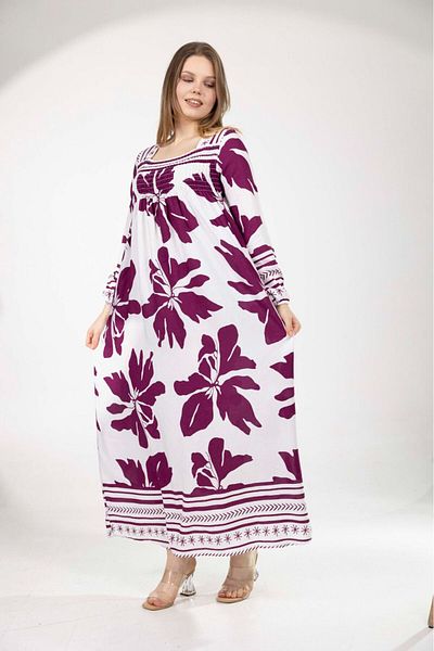 mervemoda Γυναικείο μακρυμάνικο φόρεμα μεγάλου μεγέθους καλοκαιρινό υφαντό