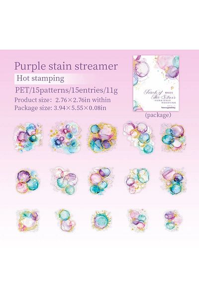Choice A Purple Trace 15sheets Vintage Sticker Star Trail Series Watercolour Swoosh Foil Stamping Pet Blazi