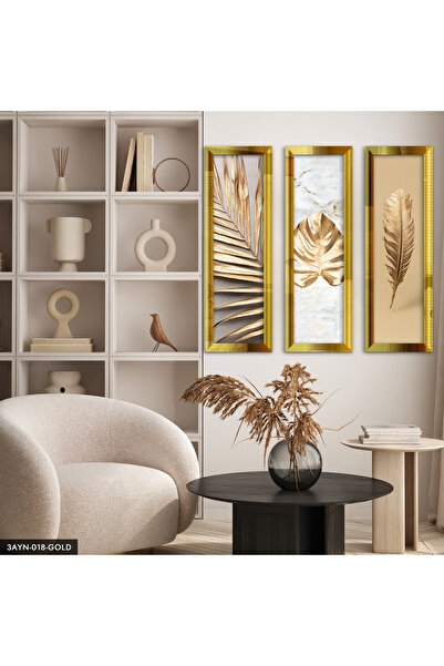 Evinemoda Gold Yapraklar Pleksi Aynalı 3 Parça Tablo